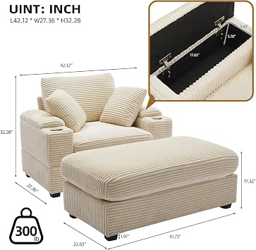 HRVEOCEI Chaise Lounge Chair Indoor, Corduroy Lounge Chair for Bedroom with Storage and 2 Comfy Pillows, Moveable Ottomans, Cup Holder Wide Arms High-Density Foam (Beige 1)