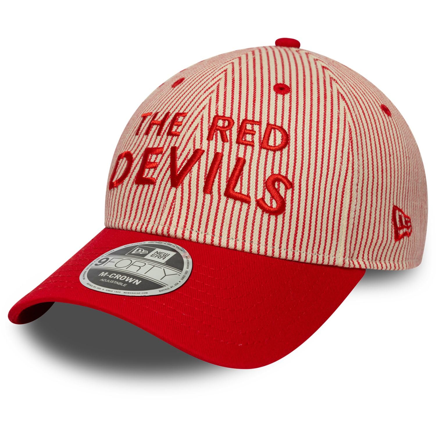 New Era Unisex Red And White Pinstripe Manchester United, Man Utd, Red Devils, Official Merchandise, Pinstripe Baseball Cap, Red, White, Adjustable