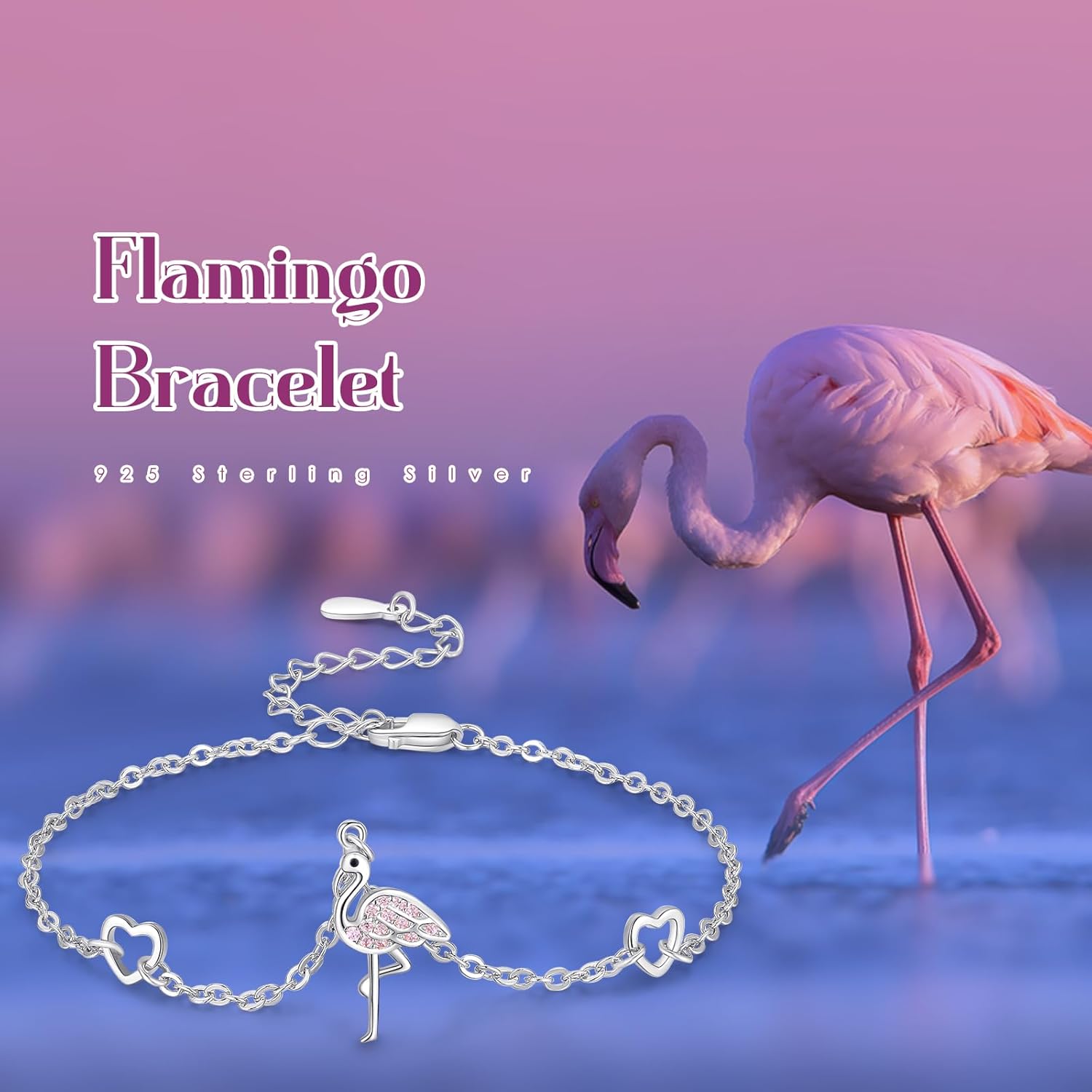 TANGPOET Flamingo Bracelet for Women 925 Sterling Silver Flamingo Jewelry Gifts for Birthday Christmas Valentines Mothers Day,7"+2" Adjustable Chain