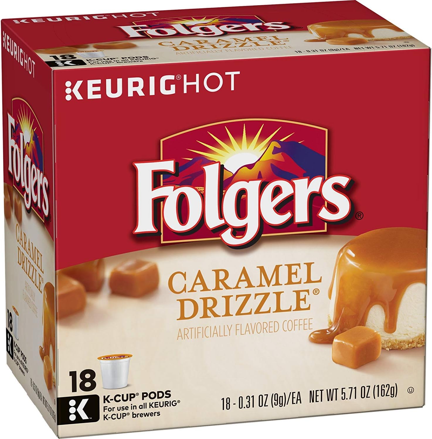 Folgers Caramel Drizzle Flavored Coffee, K-Cup Pods for Keurig K-Cup Brewers, 18-Count (Pack of 4), Packaging May Vary