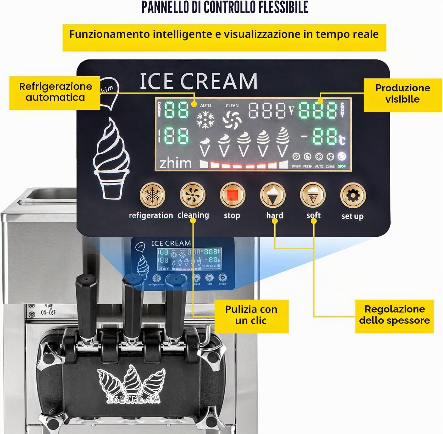 Macchina per Gelato Commerciale 18L/H 3 Sapori, 1200W macchina gelato soft professionale, Pannello LCD, Pre-Raffreddamento Pulizia Automatica, per Yogurt Caffè Snack-Bar Ristorante