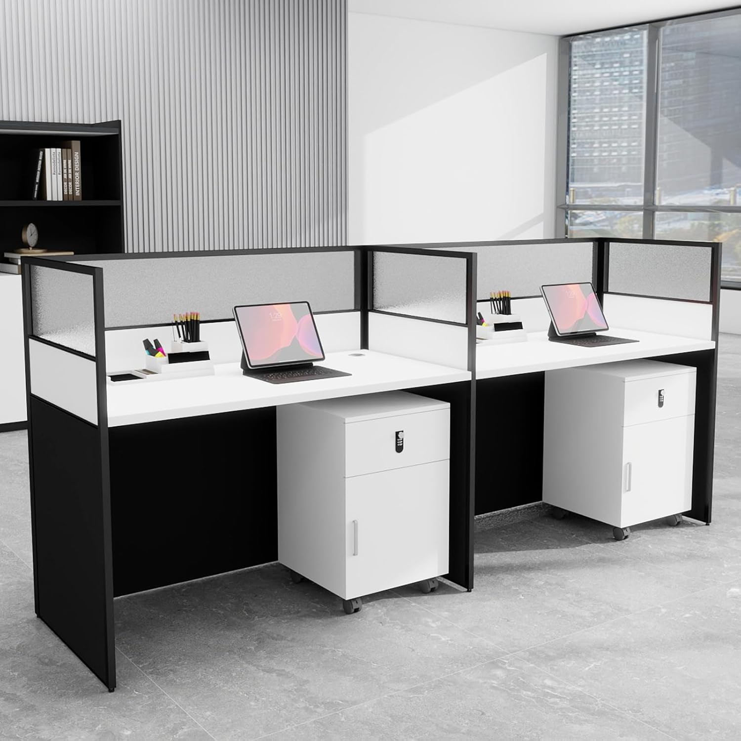 Office Cubicle Desk, Cubicle Desks with Privacy Panels & Cabinet, Office Desk Cubicles Workstation, Metal Frame, Cubicles Workstation for SOHO, Call Centers(2P - Side By Side, with Cabinet)