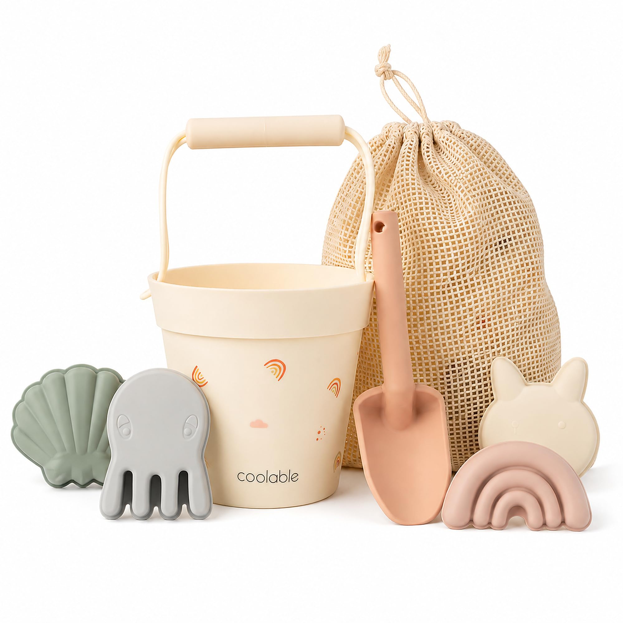 Lot de 6 Jouets de Plage en Silicone pour Enfants - Seau Pliable, Pelle, 4 Moules à Sable et Sac Filet - Arc-en-Ciel