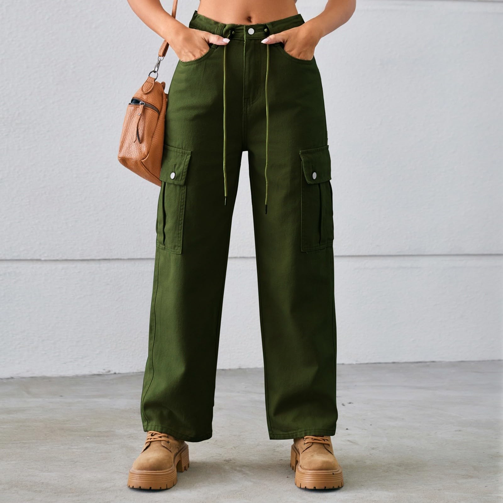 Generisch Sporthose Damen Einfarbige Damen-Jeans mit Kordelzug, verstellbare Gewaschene Cargohose, Freizeithose (Army Green, XL)