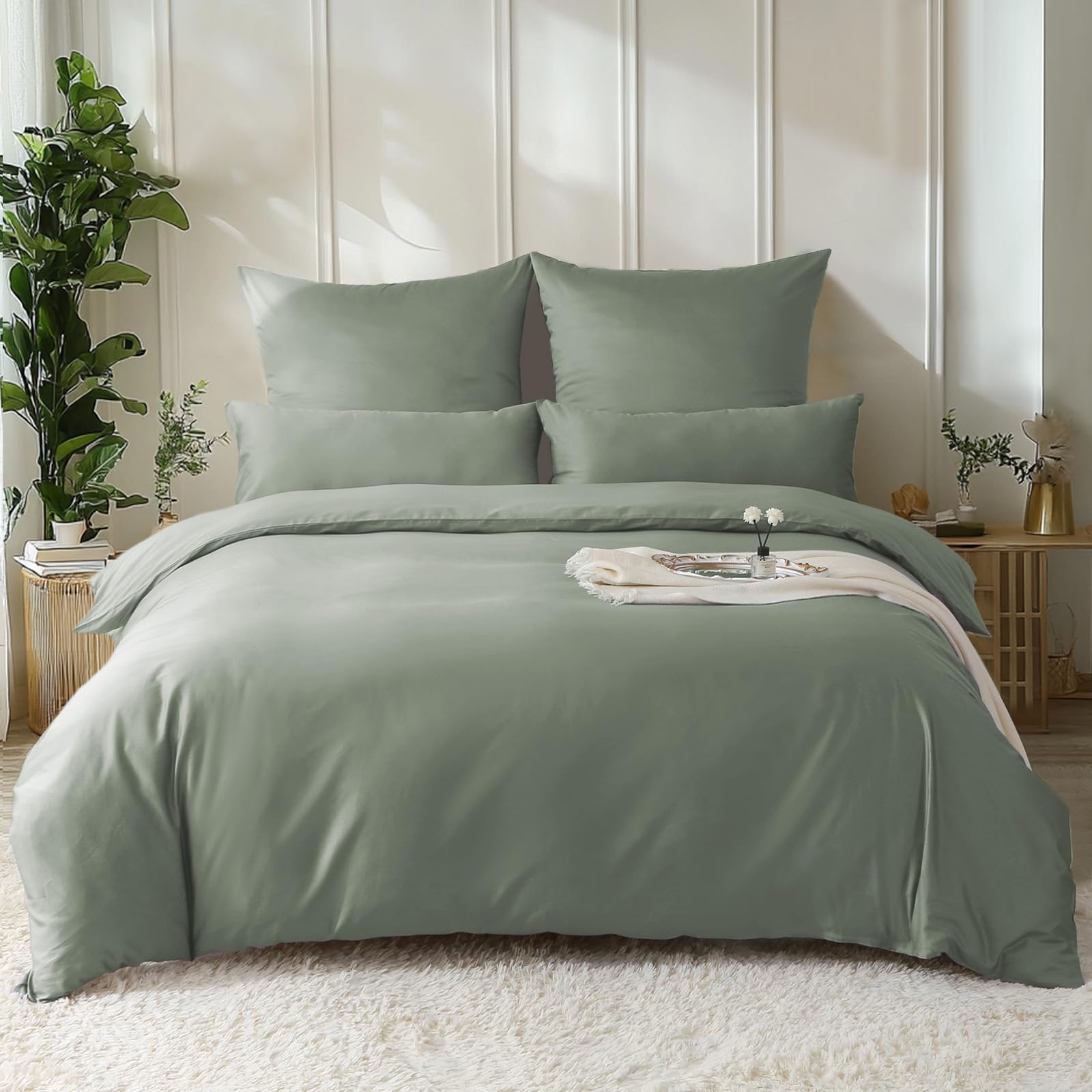 SOULFUL Satin Bettwäsche 135x200 Baumwolle,100% Langstapelige Baumwolle Seidig Luxus Bettzeug, ÖkoTex Zertifiziert & für Allergiker Geeignet, 1 Bettbezug 135x200 & 1 Kissenbezug 80x80,GrauSage