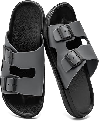 Mens Comfort Slides, Waterproof Slides Sandals for Men, Double Buckle Adjustable Flat Sandals for Men