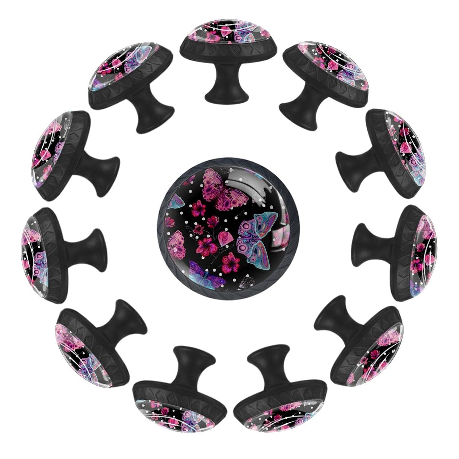 Boutons de tiroir ronds papillons et fleurs blanc 35mm en lot de 12 pour meuble