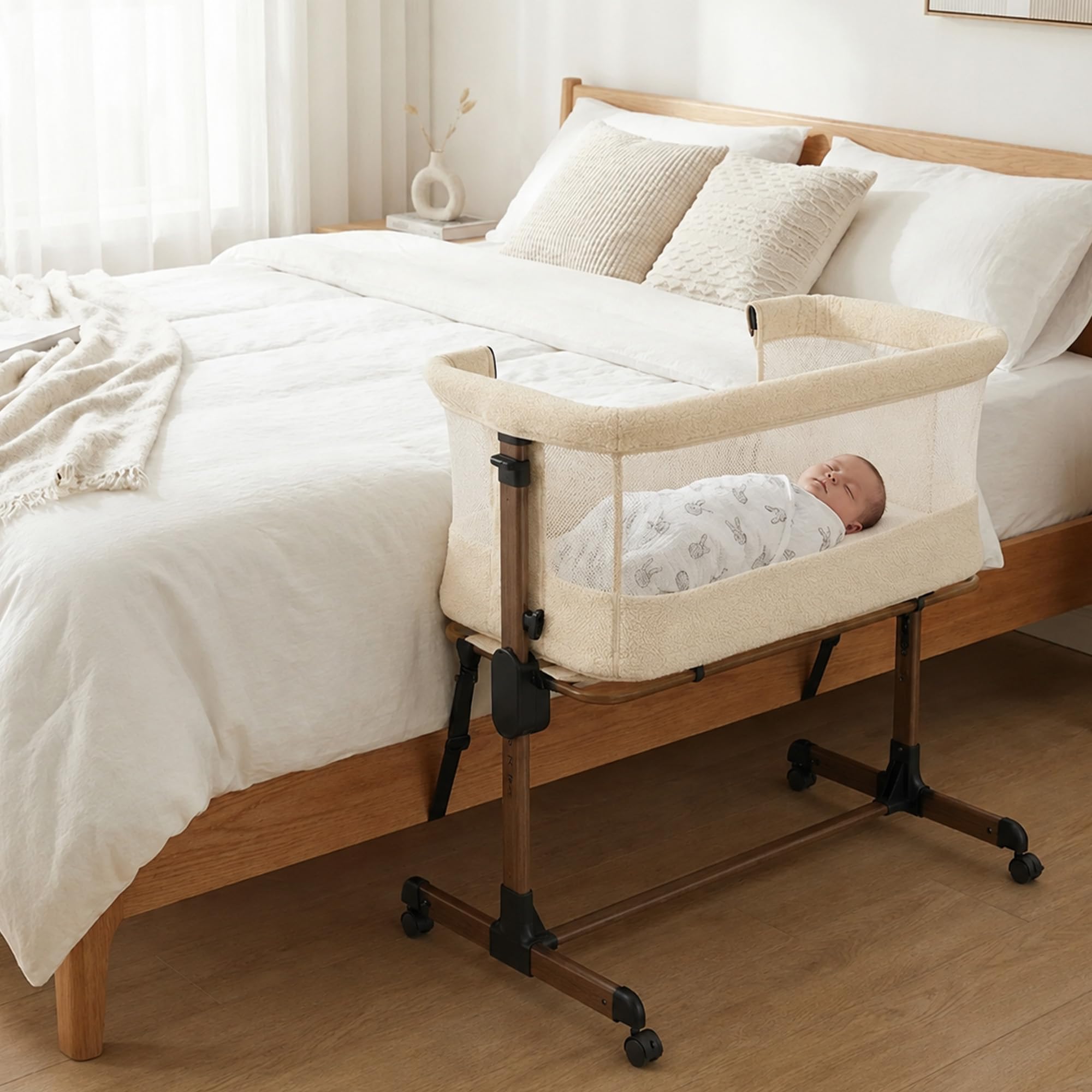 Deryan Snoozy Teddy Co-Sleeper łóżeczko dziecięce 3 w 1, do 9 kg, łóżeczko pomocnicze, kołyska, regulacja wysokości i nachylenie materaca, 4 kółka z hamulcem, ergonomiczna torba na materac, nugat