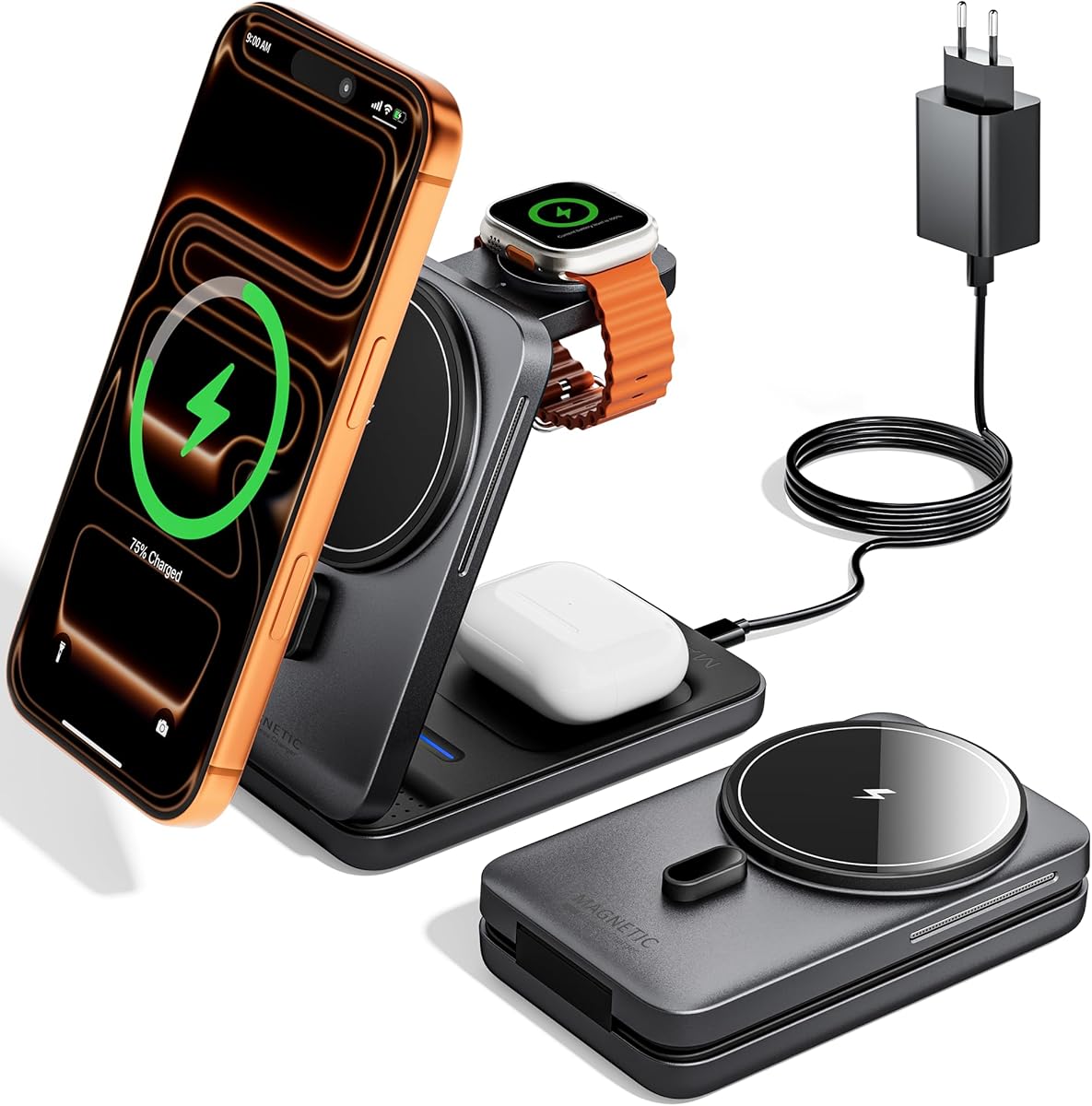 KPON Magsafe Ladestation für Apple Watch und iPhone, 3 in 1 Faltbares Magsafe Ladegerät Schnellladung Kompatibel mit iPhone 17-12, Apple Watch 11-2, AirPods, Reise & Büro, inkl. 20W Adapter