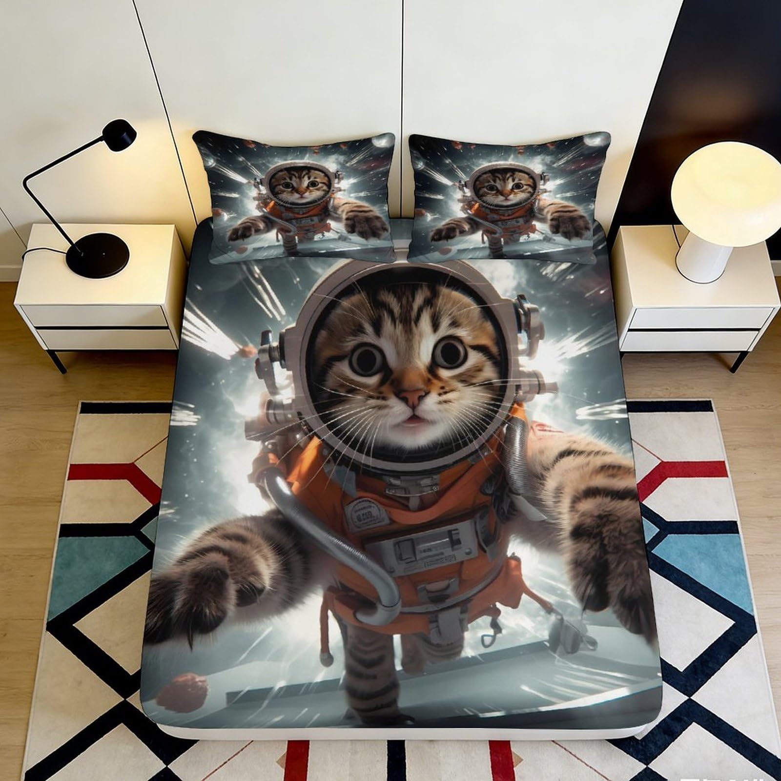 3D Printed Space Cat Fitted Sheet Microfiber Anti-Slip Cartoon Astronaut Bed Cover for Bedroom Dorm Decor 90x200x25cm
