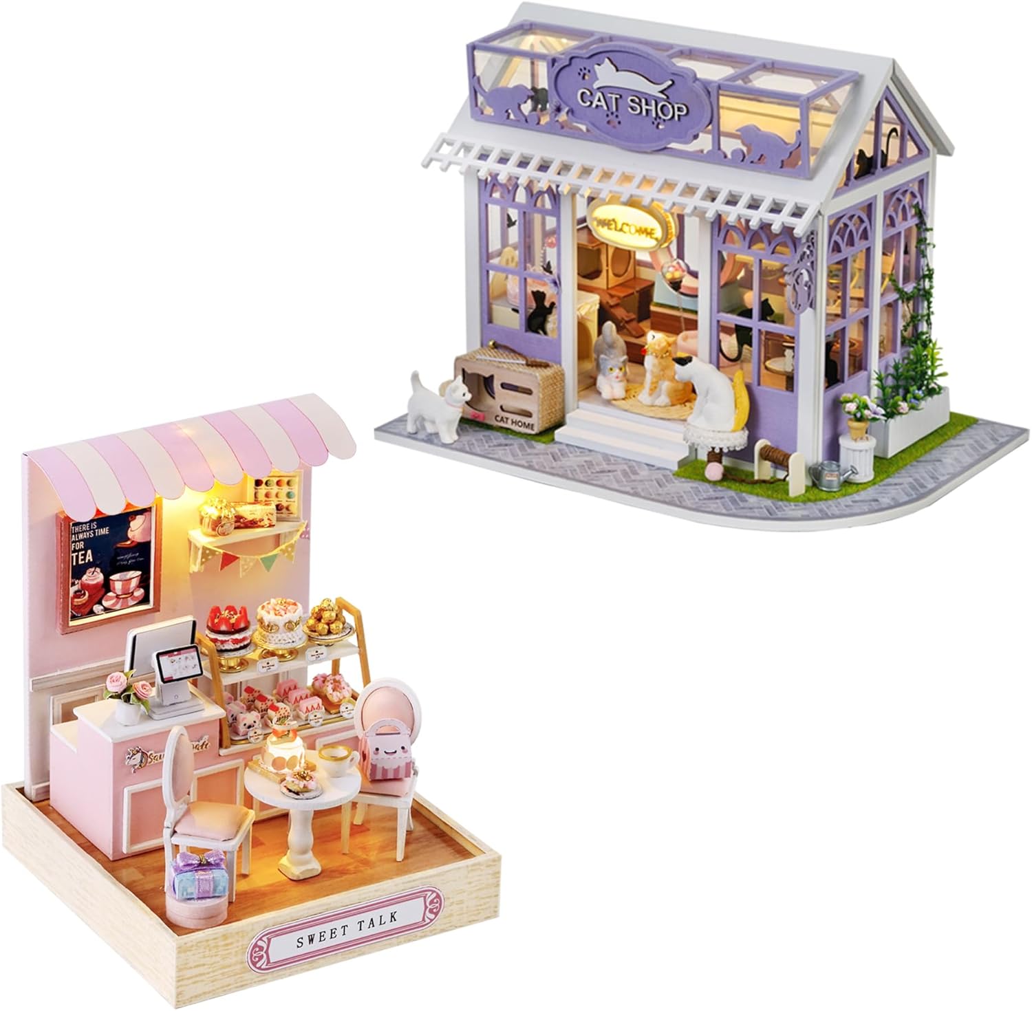 Kisoy Dollhouse Miniature with Furniture Kit, DIY 3D Wooden DIY House Kit with Dust Cover, Handmade Tiny House Toys for Teens Adults Gift (Sweet Talk+Kitten' s Paradise)