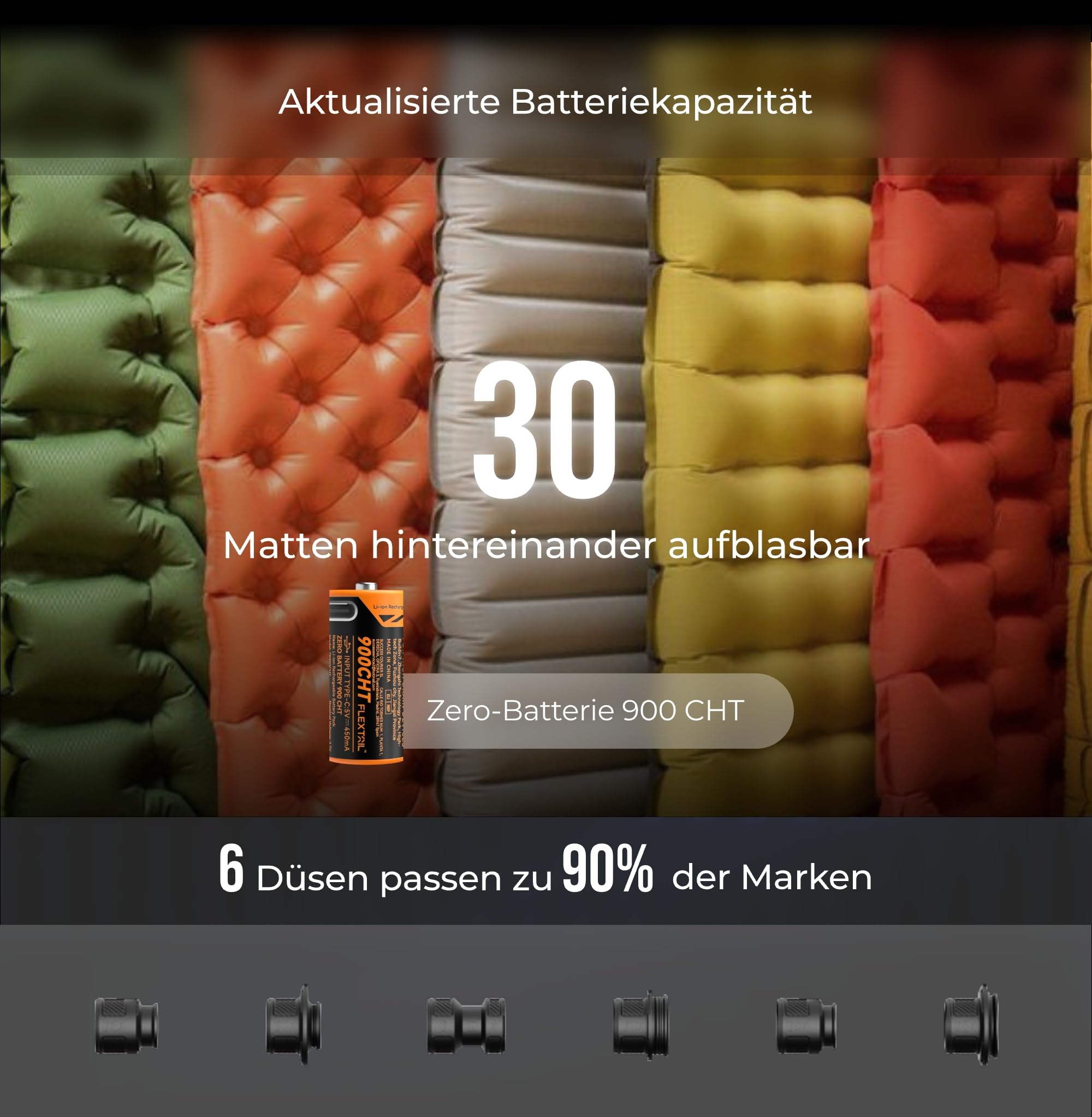 FLEXTAILGEAR Mini Luftpumpe, 28g Ultraleicht, 3,5kPa 200L/min Schnelles Auf- & Abpumpen, Austauschbarer Akku, 6 Düsen für Campingmatten, Luftmatratzen, Vakuumbeutel & Poolspielzeuge
