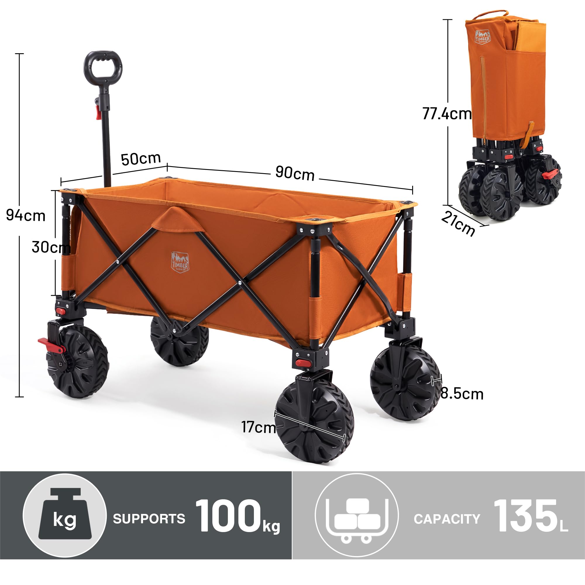 Carrello Spiaggia TIMBER RIDGE Pieghevole - Ruote Grandi, 100 Kg Di Carico, Per Campeggio E Escursioni - Foto 4