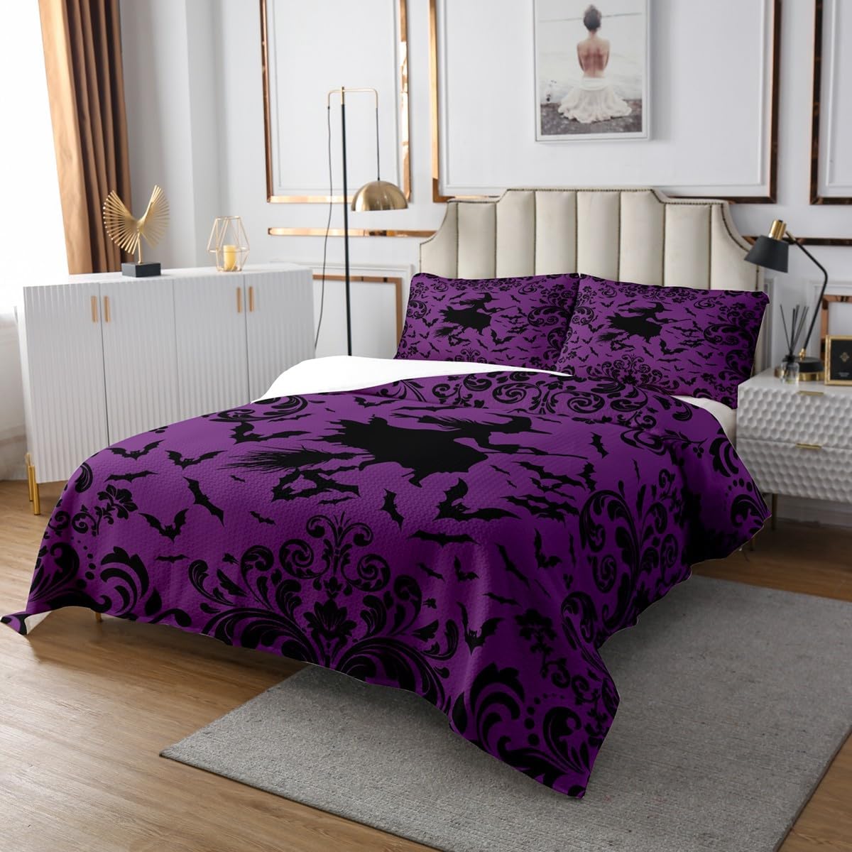Erosebridal Purple Halloween Bedspread Set,Witch Bats Gothic Queen Quilt Set for Kids Girls Adults Women,Black Goth Baroque Damask Coverlet Set Bohemian Exotic Floral Bed Set Room Decor