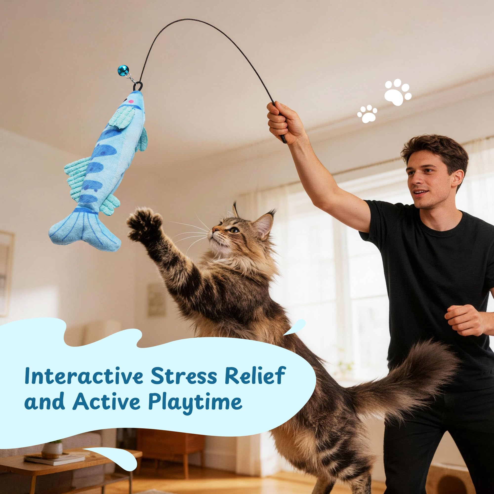PURETOY Katzenminze-Spielzeug, extra großes Spielzeug für Indoor-Katzen mit abnehmbarer Glocke, 100% natürliche nordamerikanische Katzenminze, Schlenkerfisch, Katze, Knistergeräusch und weiche