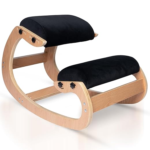 Ergonomic Kneeling Chair, Adjustable Seat - Office Chair for Desk, Posture Corrector, Premium Comfort Cushion, Wooden Rocking Knee Chair (Black)