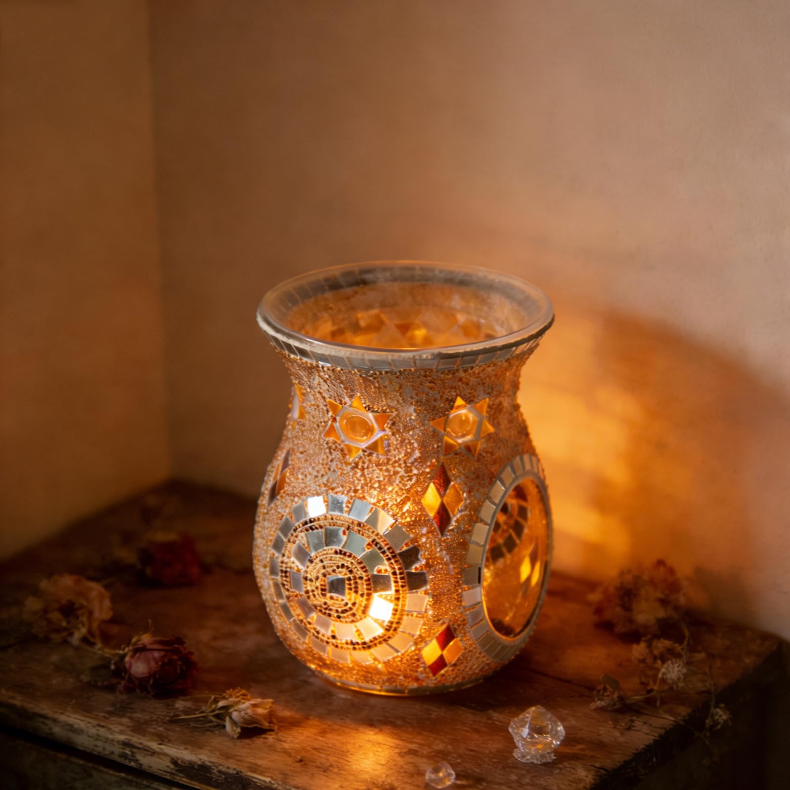shulovehua Ethnic Glass Lamp Vintage Mosaic Candle Holder Wax Warmer Lamp for Tea Room Art Studio High-end Restaurant Decor Candlestick