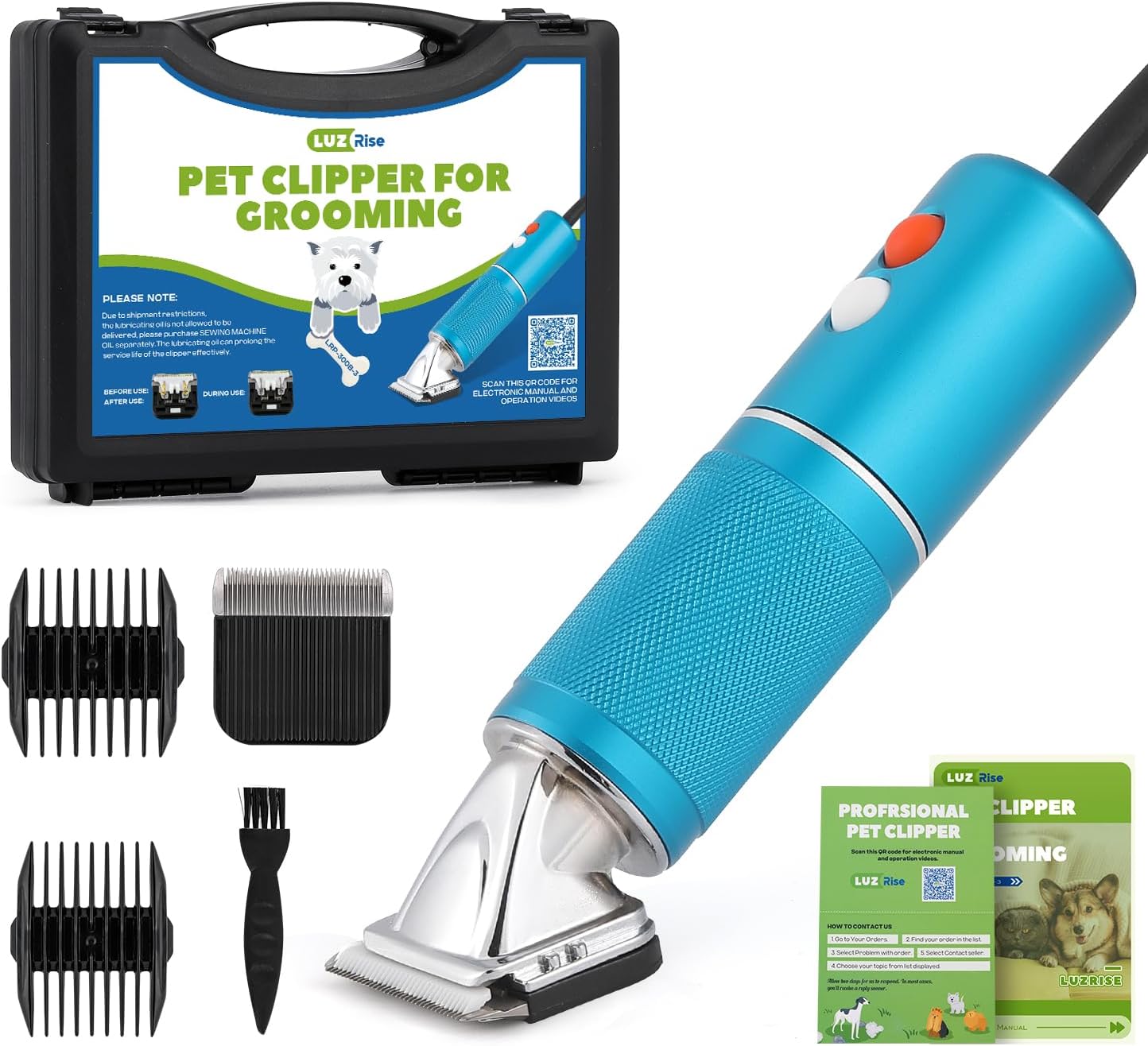 Pet Grooming Clippers, 300W Dog Hair Clippers, 3-Speed Control 5000-7000rpm& 10ft Power Cord, Low Noise< 50db, Dog Trimmer Kit with Extra Detachable Blade, Heavy-Duty for Home& Commercial Use (Blue)