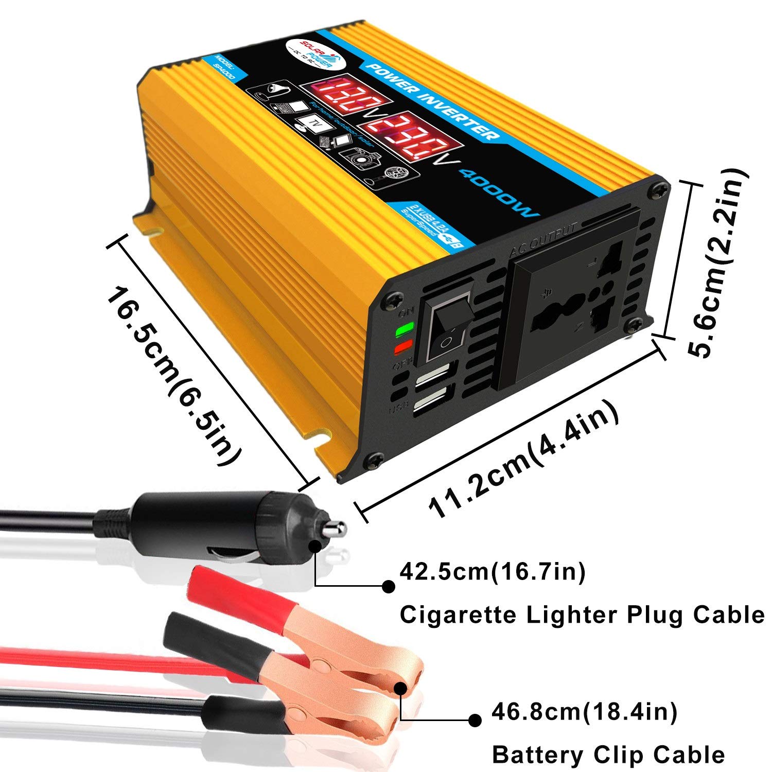 Inversor,Inversor Coche 4000W de energía del coche del inversor del convertidor DC 12V a 220V AC / 110 V con una tensión de pantalla dual puertos USB del adaptador del cargador 4.2A(DC 12V to AC 220V)