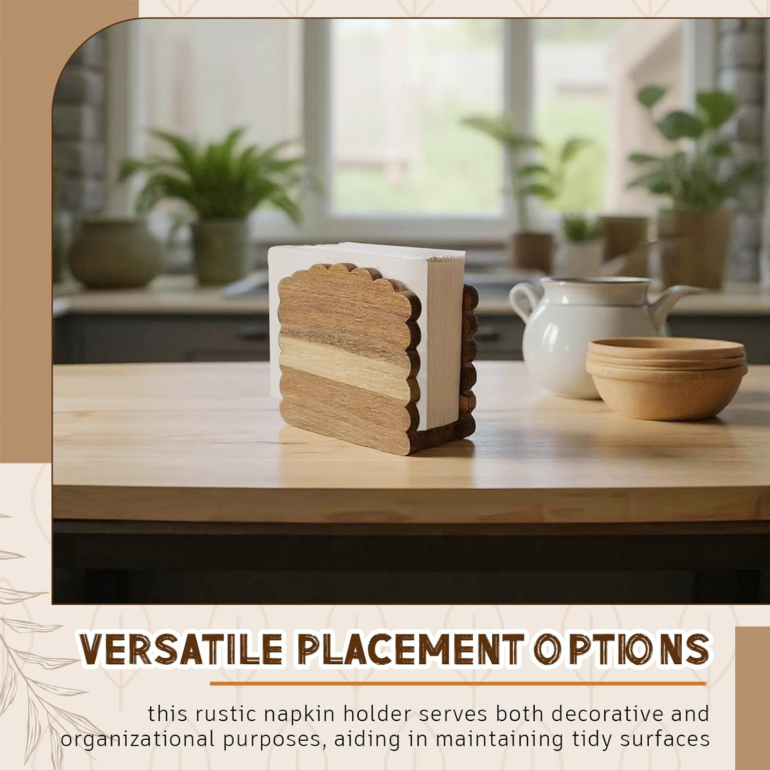 SiliFine Acacia Wood Scalloped Napkin Holder for Table,No Text,Dark Brown