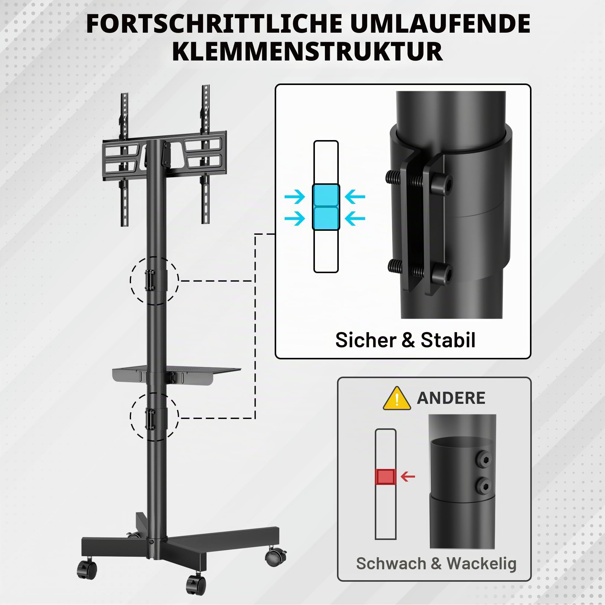 BONTEC TV Ständer Rollbar für 24-60 Zoll LCD LED OLED, Max. VESA 400x400mm, bis 40 kg, Neigbar und Höhenverstellbarer Fernsehständer mit Rollen und Medienablage, Schwarz