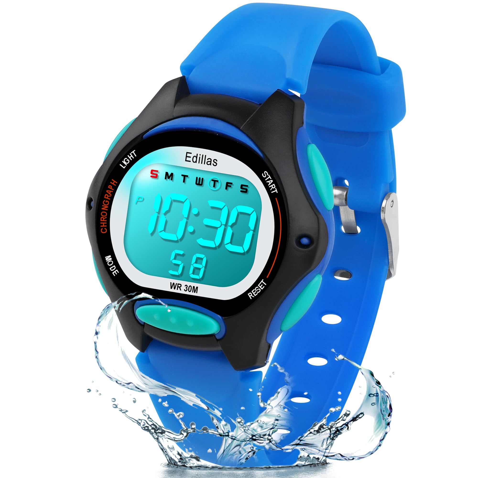 Edillas Kids Digital Watch 7-Color LED Light Waterproof Wristwatch Ideal for Children