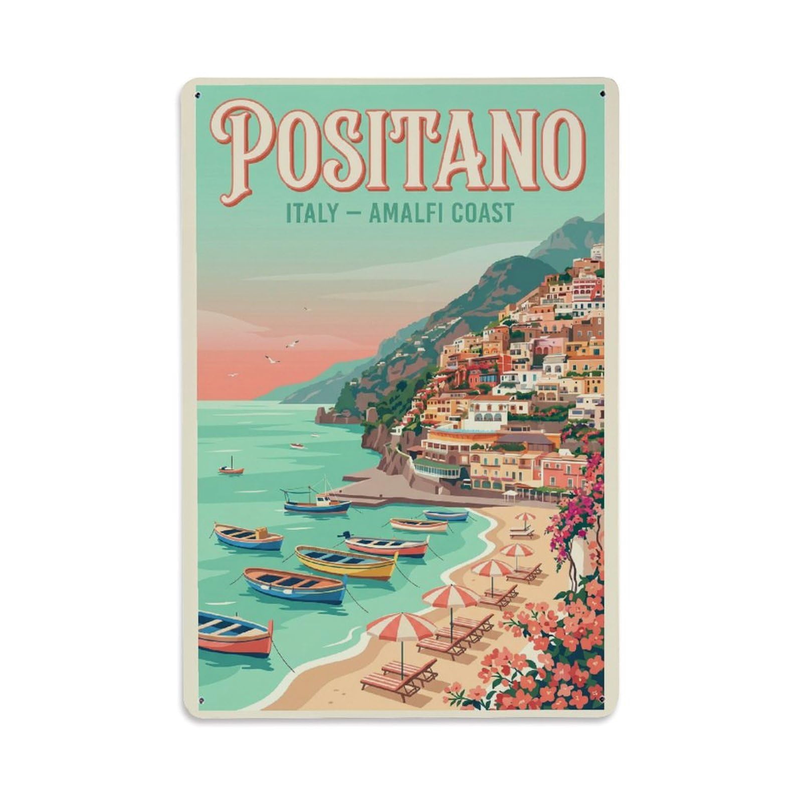 Vintage Travel Positano Italy Mint Metal Tin Sign Plaque Wall Decor for Cafe, Club Bar, Office, Garden Metal Poster 8x12Inch