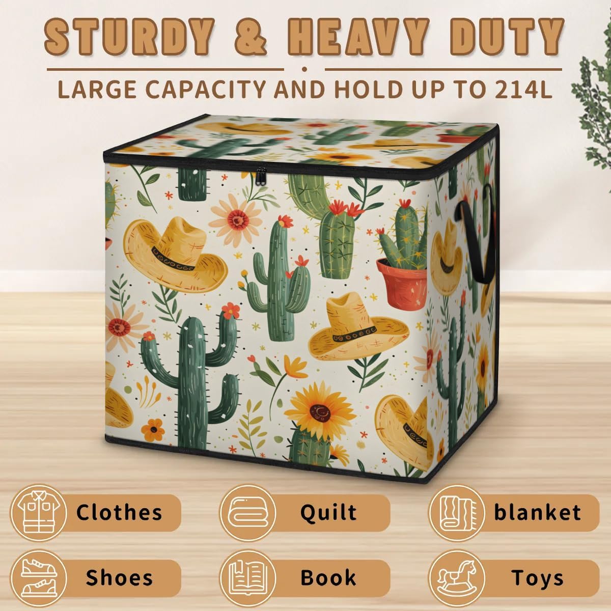 Honeybaby 214L Extra Large Comforter Storage Bag Cowboy Cactus Storage Totes with Lids Waterproof Closet Organizer Folding Blanket Storage Bags for Clothes Bedding Pillows