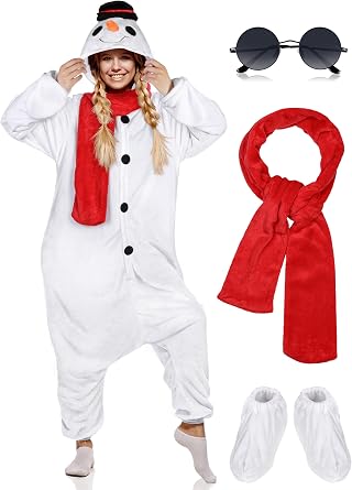 AOTHSO 4 Pieces Christmas Adult Onesie Snowman Plush Cosplay Costume Suit with Scarf Shoes Glasses for Women and Men