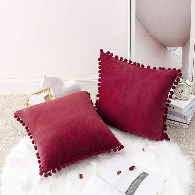 MIULEE Velvet Cushion Covers Soft Square with Pompoms Decorative Throw Pillowcases Cute and Lovely Home for Livingroom Sofa Bedroom 16 x 16 Inch 40x 40 cm Pack of 2 Wine Red