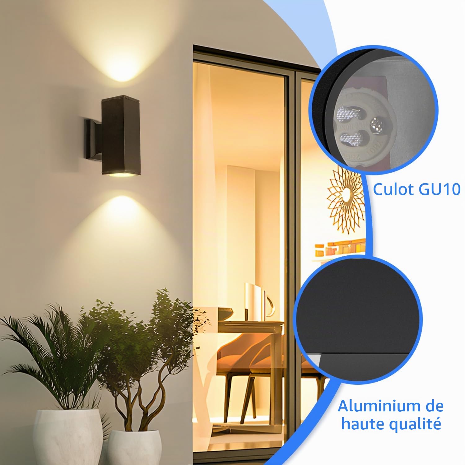 Aigostar Applique Murale Rectangle Exterieur GU10 Aluminium Up Down Eclairage Exterieur, IP65 Étanche Lampe Murale pour Jardin Couloir Entrée Patio, Ampoule non Incluse, Noir(Paquet de 6)