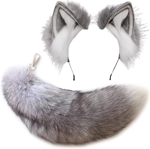 Valpeak Orejas de zorro y cola Therian Tail Gear Orejas de lobo para niños, disfraz de zorro Therian Stuff esponjoso para niñas mayores de 1 año
