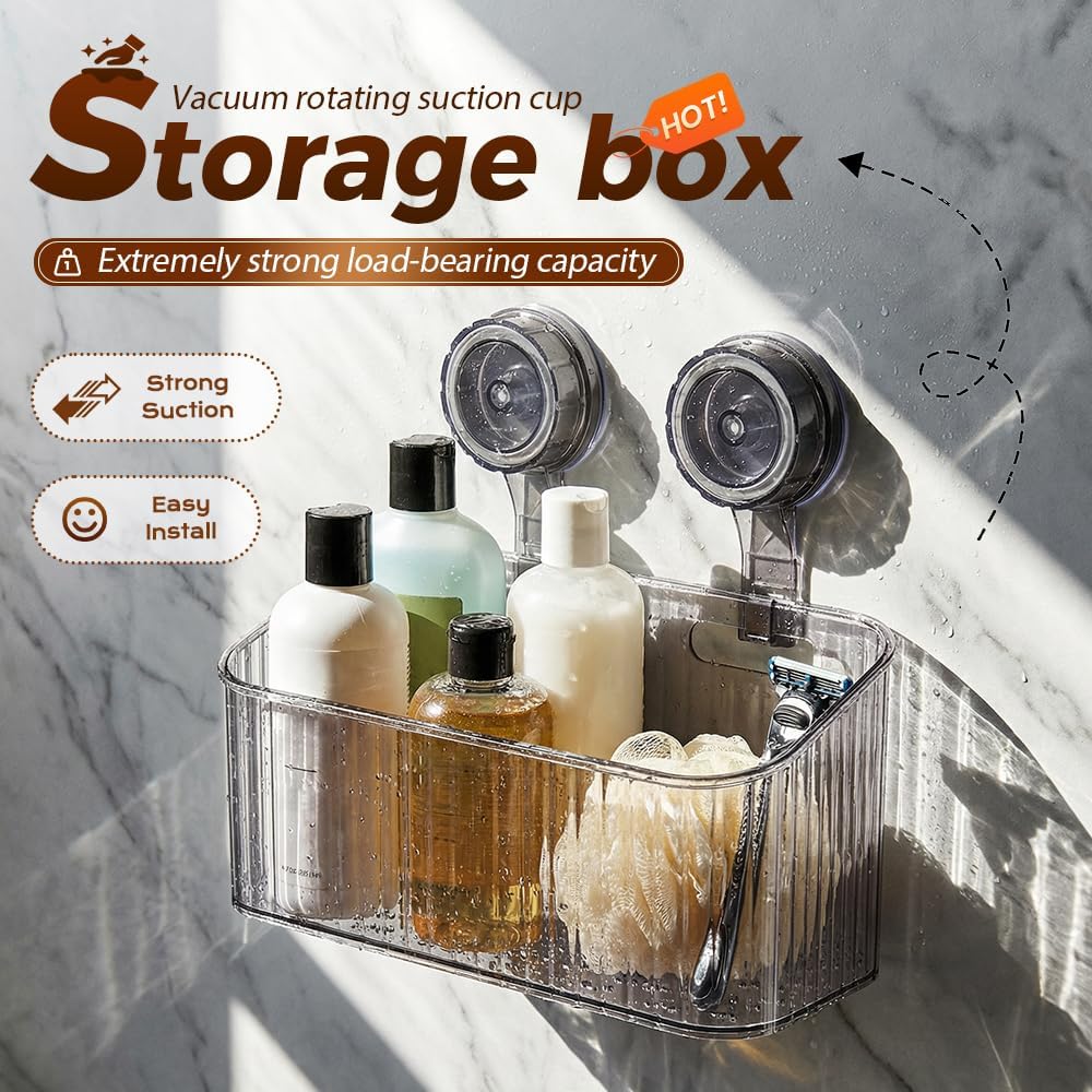 No-Drill Bathroom Suction Storage Box, Bathroom Suction Storage Box, Large Capacity Strong Load-Bearing Suction Cup Storage Rack with Drain Holes (White Clear, L (9.44 in))