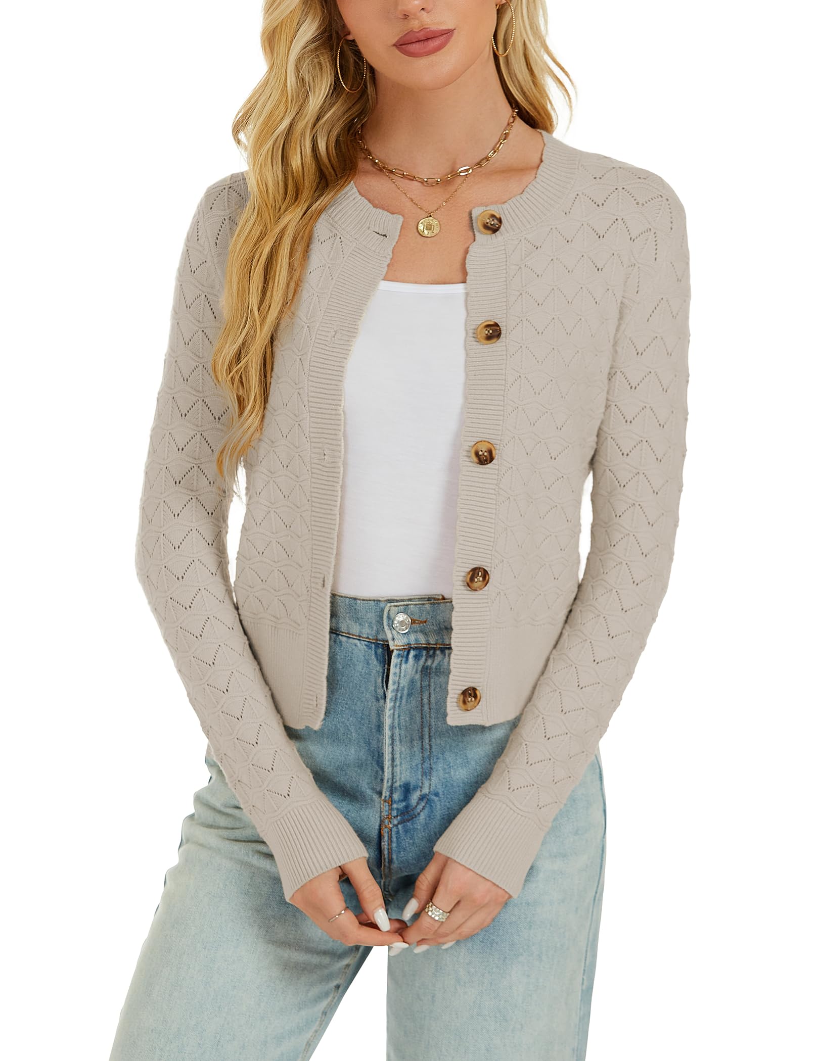 Damen Strickjacke Elegant Langarm Rundhals Cardigan Leicht Bolero Jäckchen mit Knöpfe Weiche Jacke über Top Kleid