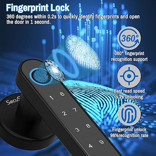 Miniatura 10 de Secustone Cerradura de puerta de huellas dactilares, cerradura de puerta de entrada sin llave, perilla inteligente 4 en 1 con código de