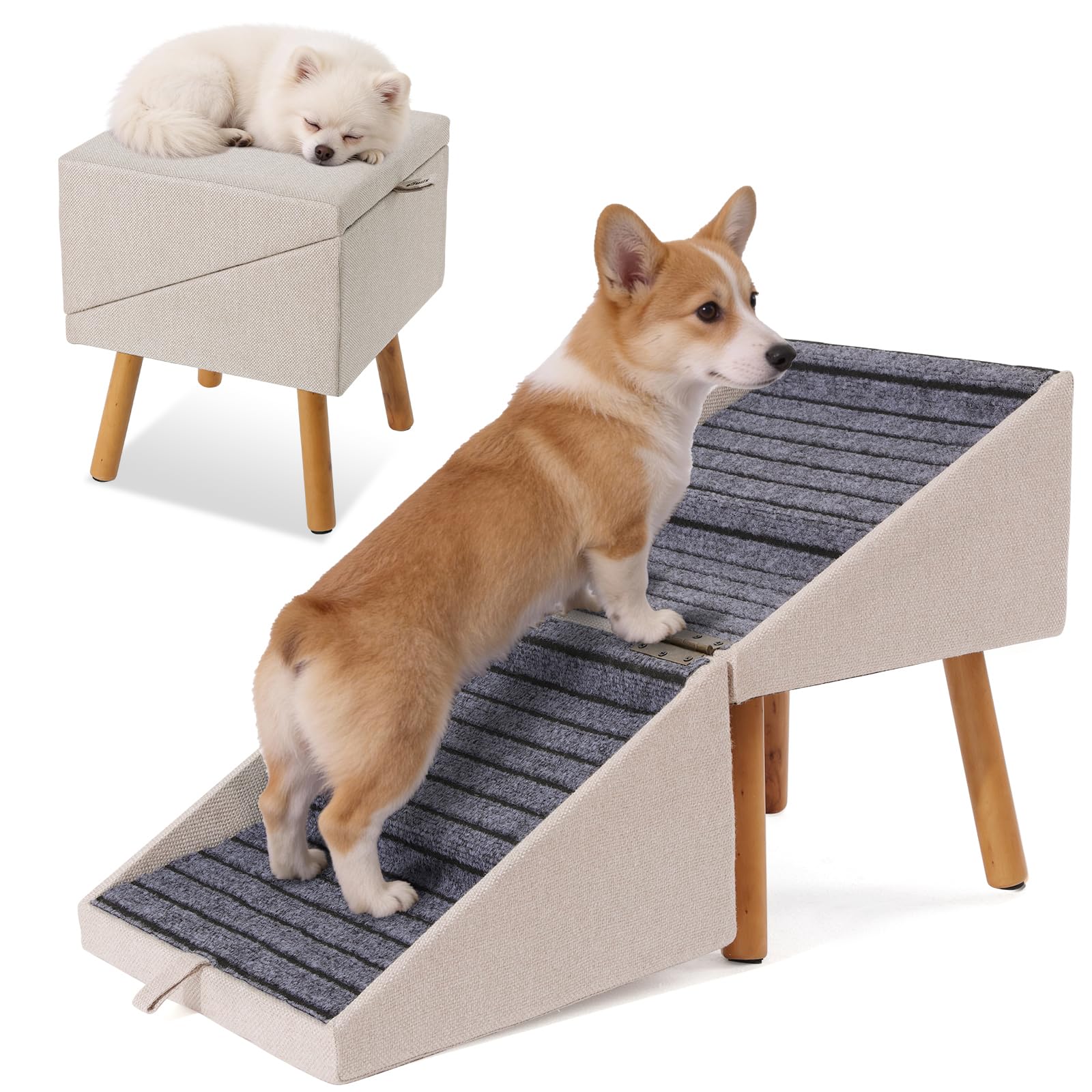 Escalier pour Chiens et Chats 2 en 1, 4 Marches Rampe et Marches pour Canapé Lit, Pente Douce Protège Articulations, Antidérapant(Abricot - 43,5 cm Haut)