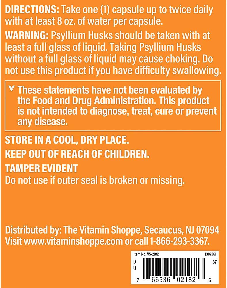 The Vitamin Shoppe Psyllium Husks Plantago Ovata Fiber Supplement (600 Capsules)
