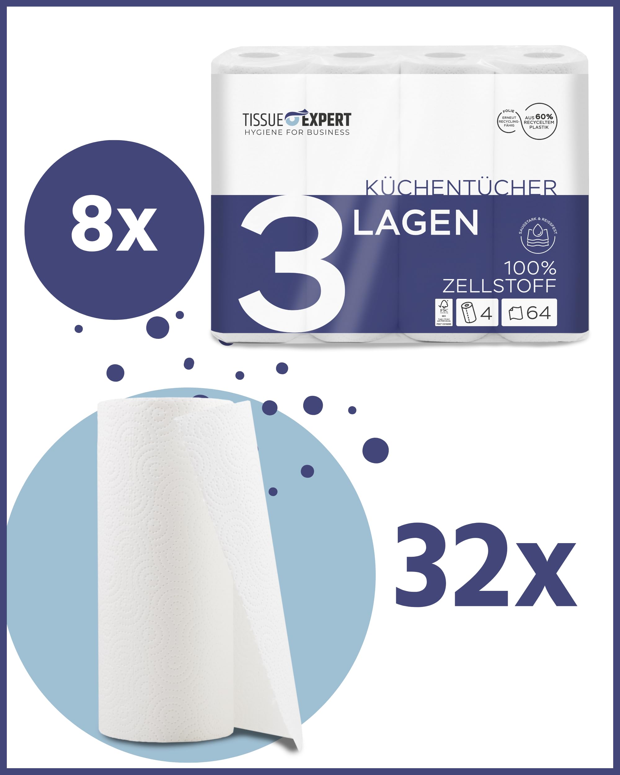 Küchentücher, 32 Rollen á 64 Blatt, 3-lagige Küchenrollen, 100% Zellstoff, saugstarke Haushaltsrollen, Allzwecktücher, Papiertücher, Papierhandtücher, Küchenpapier