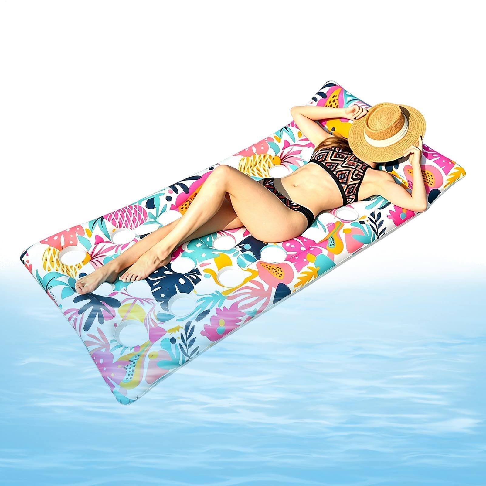 Chaise longue de piscine gonflable avec impression de feuilles tropicales