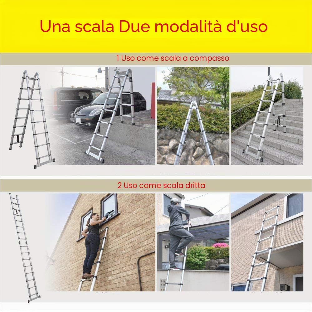 Scala telescopica pieghevole da 5 m, con gomma antiscivolo, multiuso allungabile, 150 kg, in alluminio