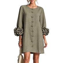 Women Fall Cotton Linen Mini Dress Round Neck Long Balloon Sleeve 3D Floral Cuff Button Front Loose Elegant Party