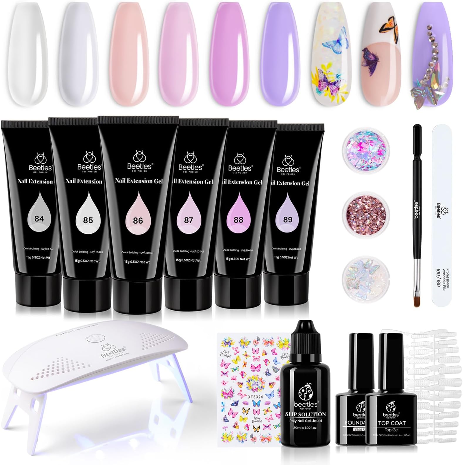 Beetles Poly Nail Extension Gel Kit, 17 Pcs Clear White Builder Nail Gel Pink Nude Butterfly Poly Nail Enhancement French Manicure Kit Trial Nail Art Design Easy DIY Salon Home Gift for Women Girls