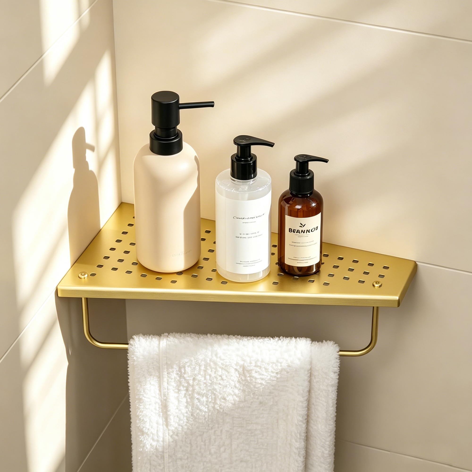 Estante de pared de acero inoxidable 304, estante de ducha sin taladrar con barra de toalla, moderno diseño flotante para baño, ducha y cocina, organizador de champú antióxido, 305 x 155 mm