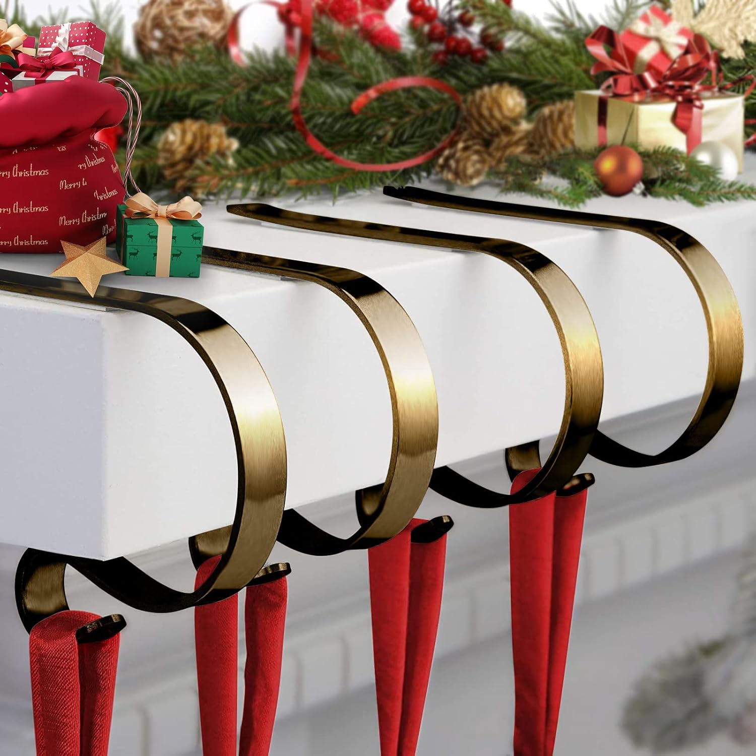 4 Pcs Christmas Stocking Holders for Mantle, Metal Stand Stocking Hooks