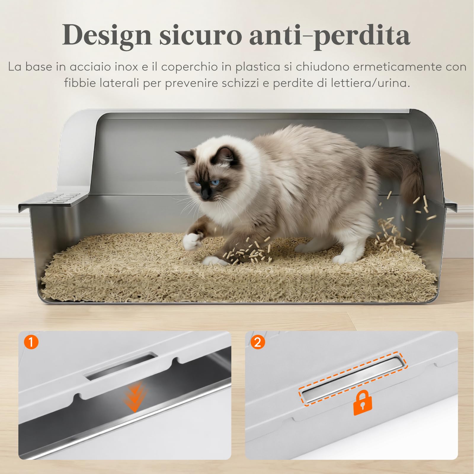 Lifewit Lettiera Gatto in Acciaio Inox, XXL Aperta Toilette per Gatti con Pala, Lettiera Gatto per Soggiorno, Camera da Letto, 58 x 38 x 26 cm, Grigio