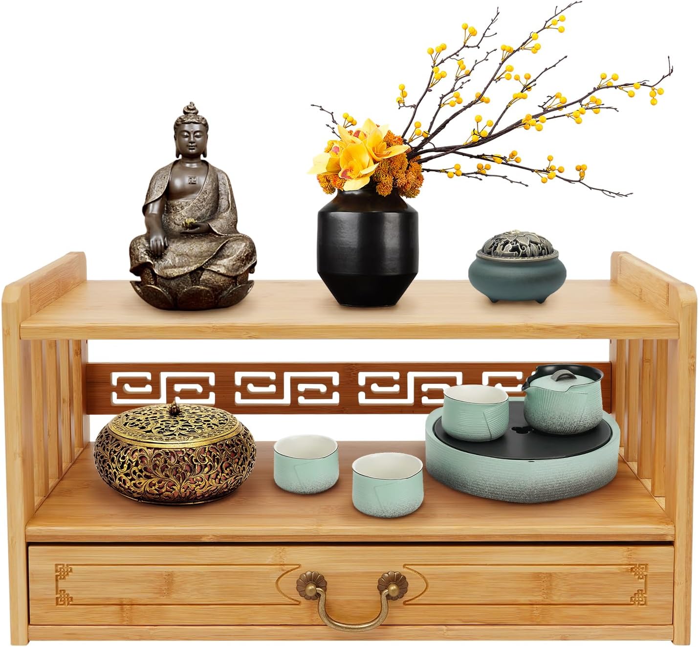 Storage Table, 2 Tier Altar Table with Drawer, Bamboo Furniture Desktop Organizer Multifunctional Desktop Organizer for Puja, Divination, Worship, Displaying Jars, Book (Wood Color, 20.4")