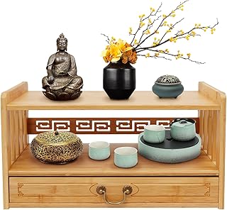 Meditation Altar with Drawer, 3 Tier Bamboo Coffee Table, Floor Puja Tab...