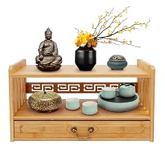 Meditation Altar with Drawer 3 Tier Bamboo Coffee Table Floor Puja Table for Prayers Divination Worship Bamboo Furniture