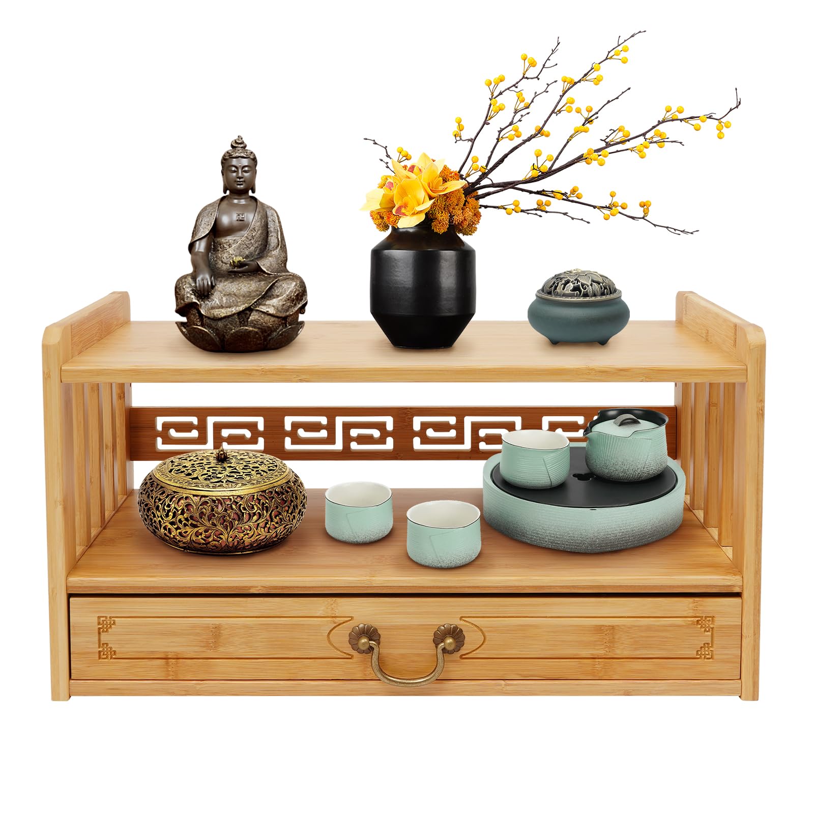 Meditation Altar with Drawer 3 Tier Bamboo Coffee Table Floor Puja Table for Prayers Divination Worship Bamboo Furniture