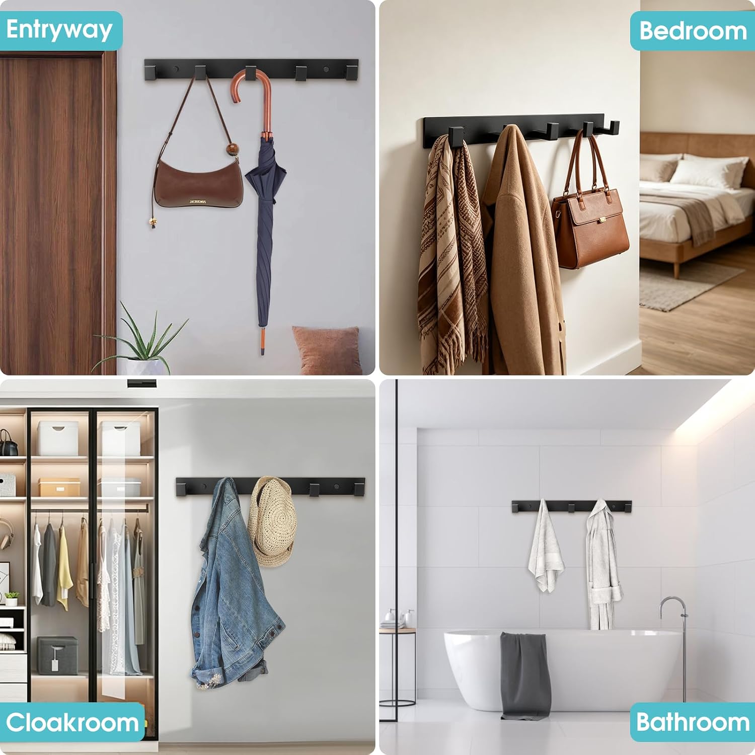 Coat Hooks, 5-Hooks Bathroom Hooks for Towels，Black Wall Hooks